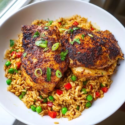 Golden seared chicken thighs nestled in coconut-infused spicy jerk chicken rice
